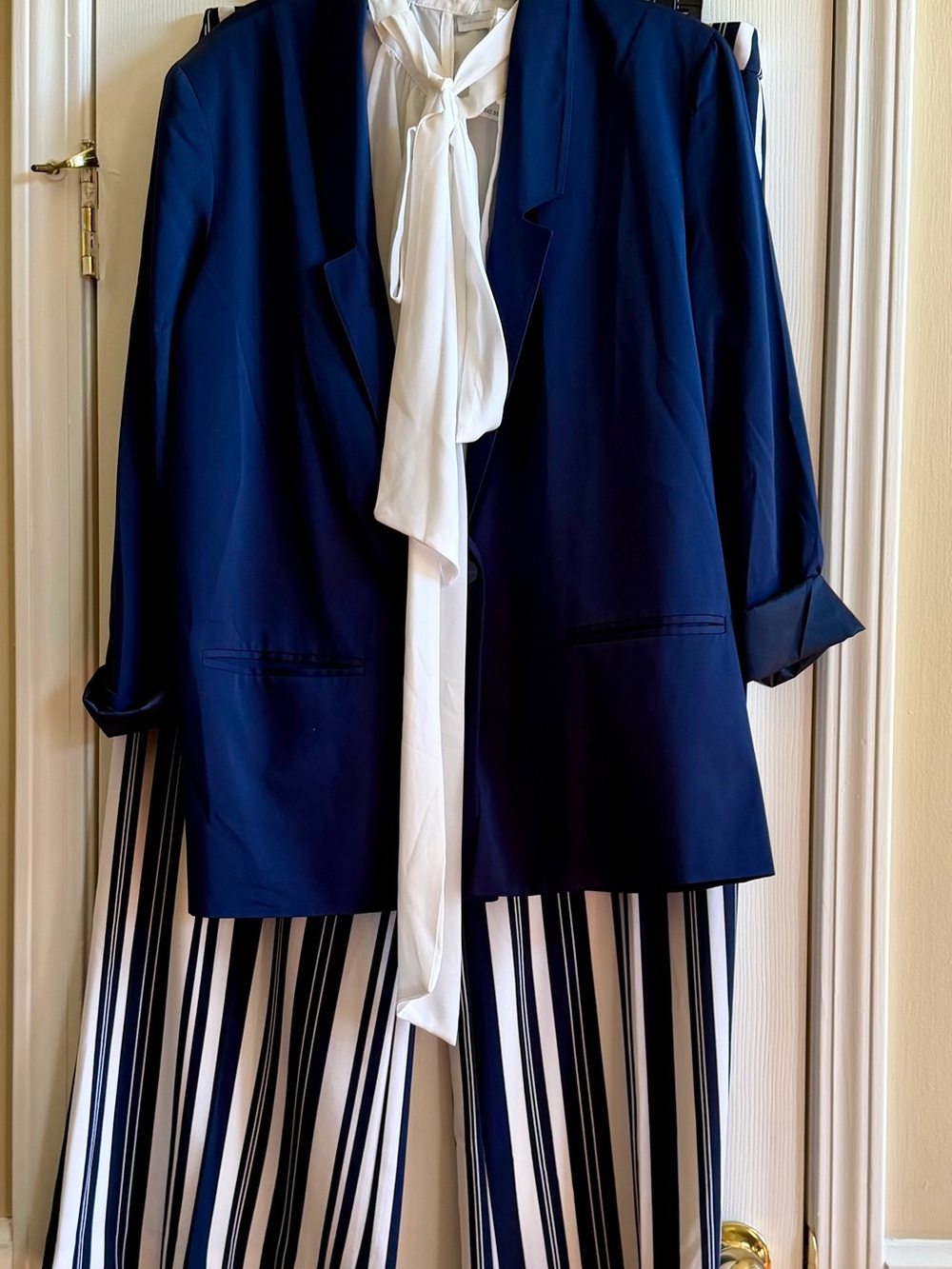 New York & Company Navy Blazer with Navy-and-White Striped Wide-Leg Pants